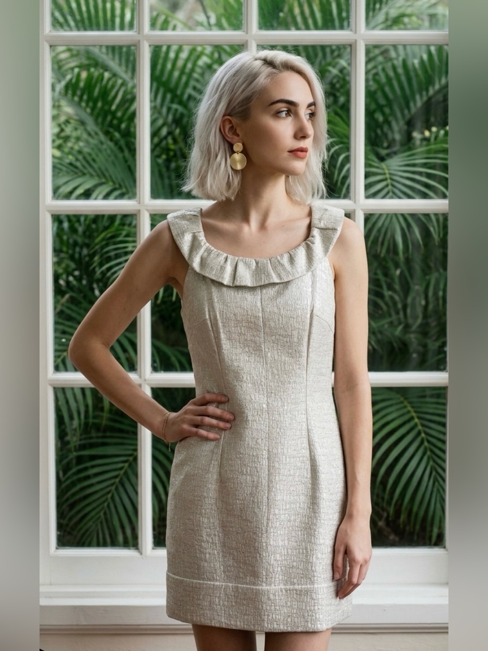Max & Cleo Cream Ruffled Neck Mini Dress
